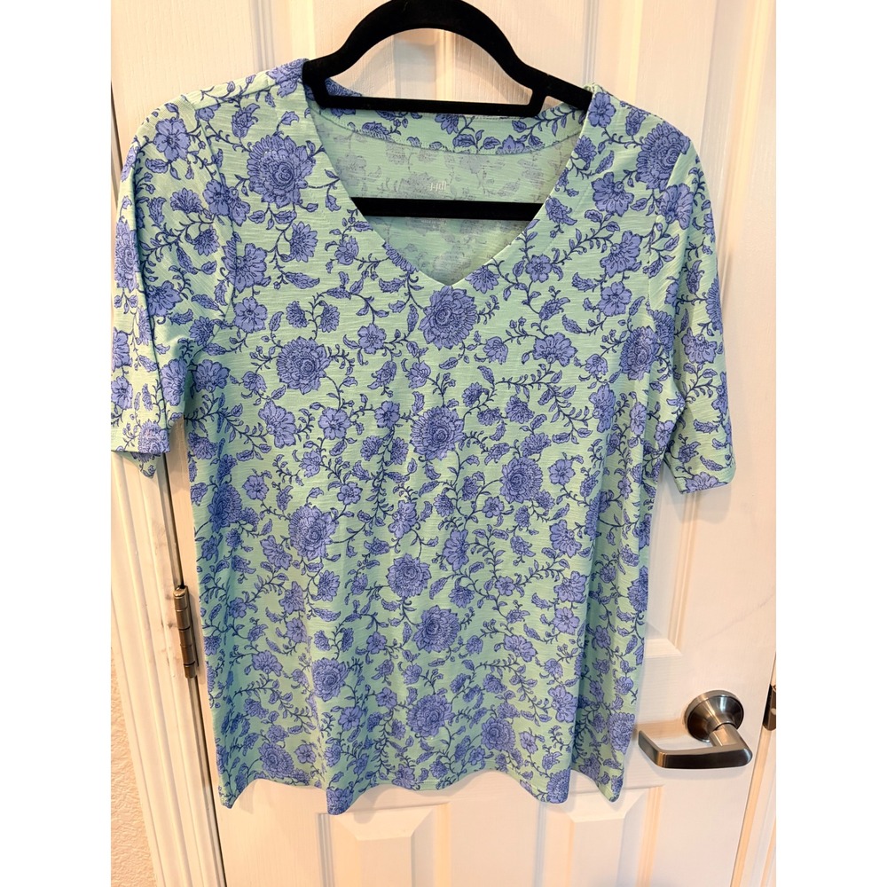 J. Jill Tee Mint Green Purple Floral Pima Slub Elbow Sleeve V-Neck Top
